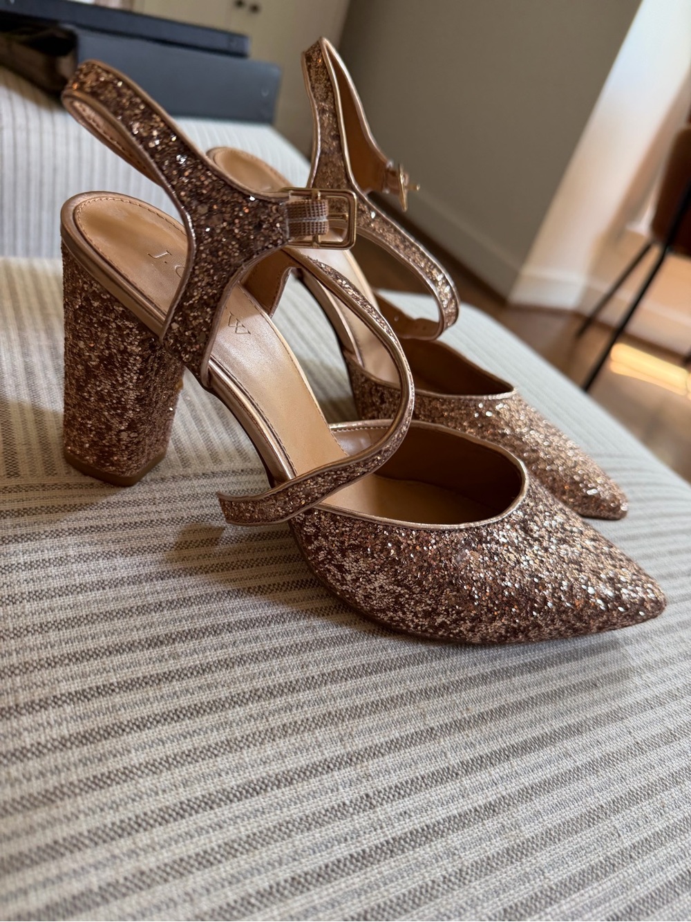 J.Crew Glitter Block Heel Slingback Pumps in Rose Gold size 8